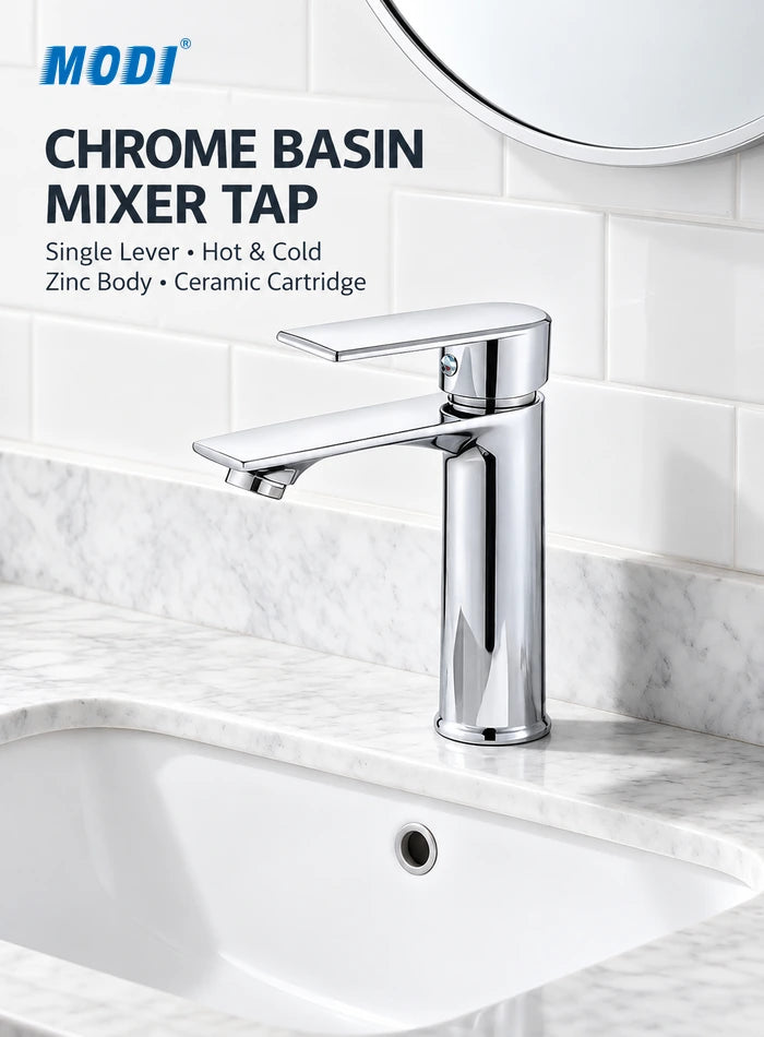 Chrome basin mixer tap with single-lever control installed beside a bathroom sink