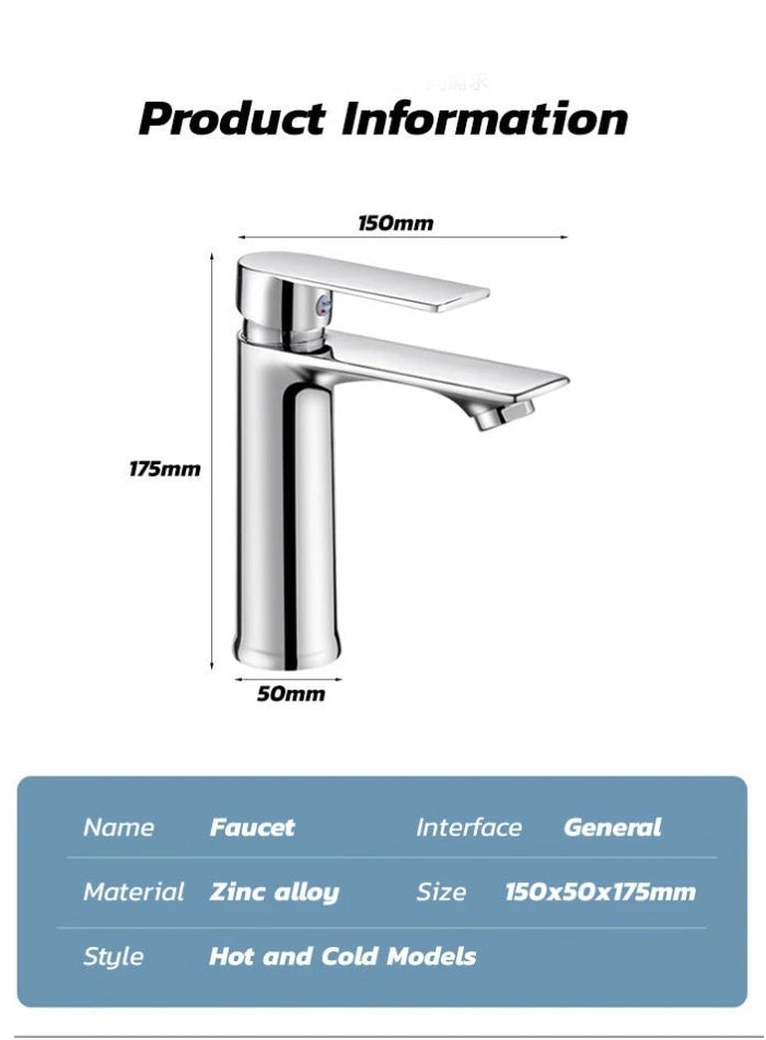 Chrome basin mixer dimensions: 17.5 cm height, 15 cm length and 5 cm width