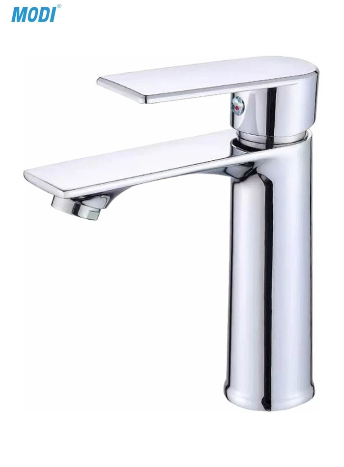 Chrome basin mixer tap close-up showing the flat lever, spout and cylindrical body