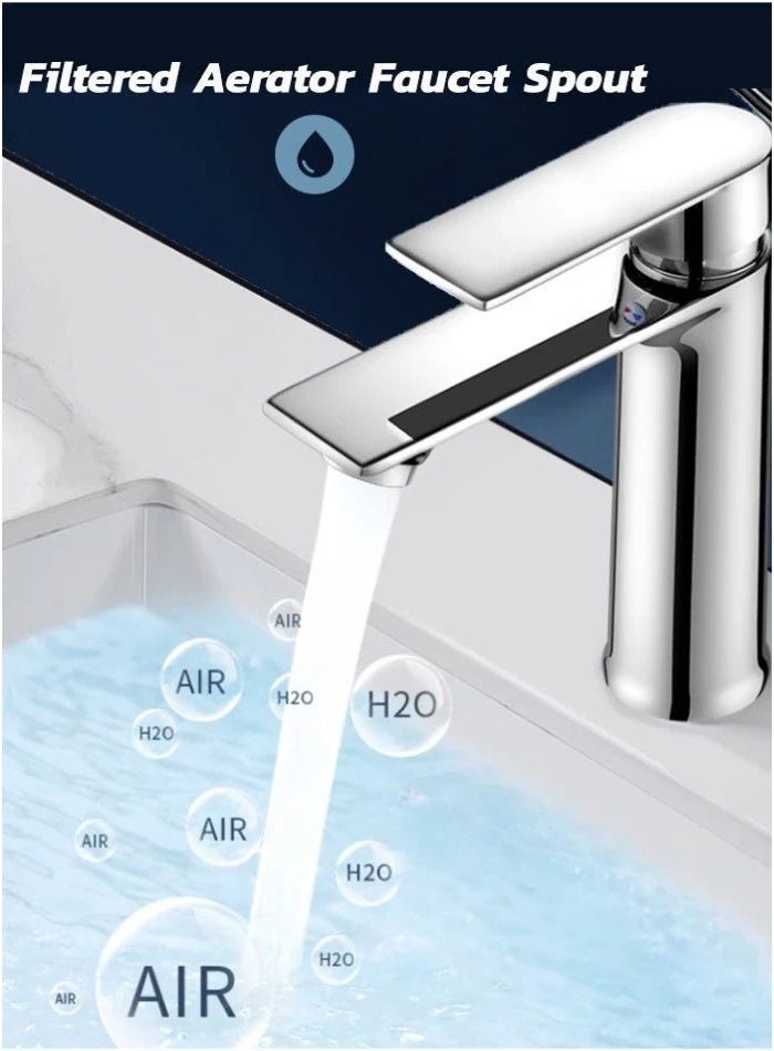 Chrome basin mixer aerator spout illustrated with running water