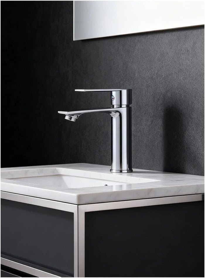 Chrome basin mixer installed on a modern bathroom vanity