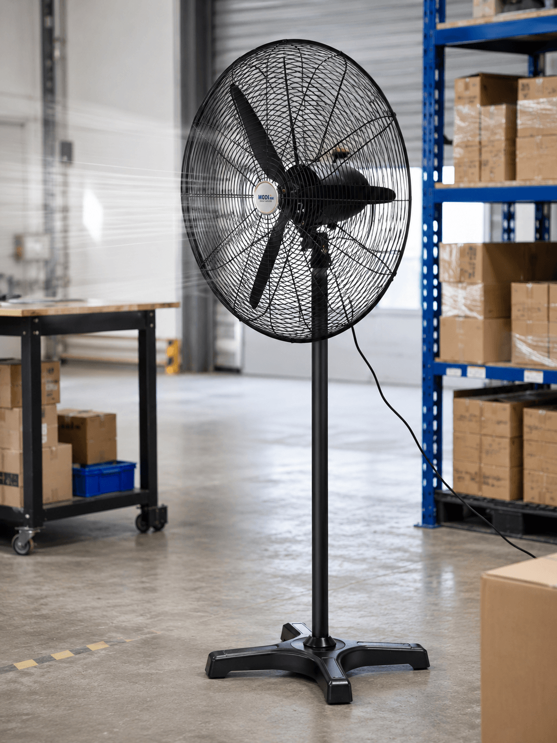 MODI 26-Inch Industrial Pedestal Fan used in warehouse and workshop spaces, 120W heavy-duty standing fan for strong air circulation in Kuwait