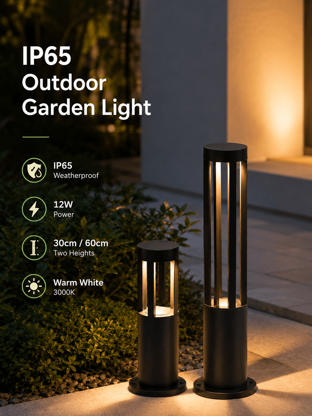 IP65 outdoor garden bollard light in Kuwait, 12W warm white LED pathway light available in 30cm and 60cm