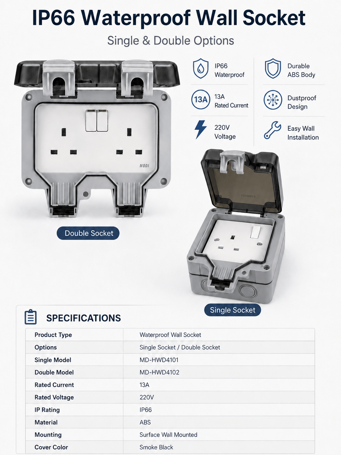 IP66 waterproof wall socket specifications with 13A 220V rating ABS body and single double options