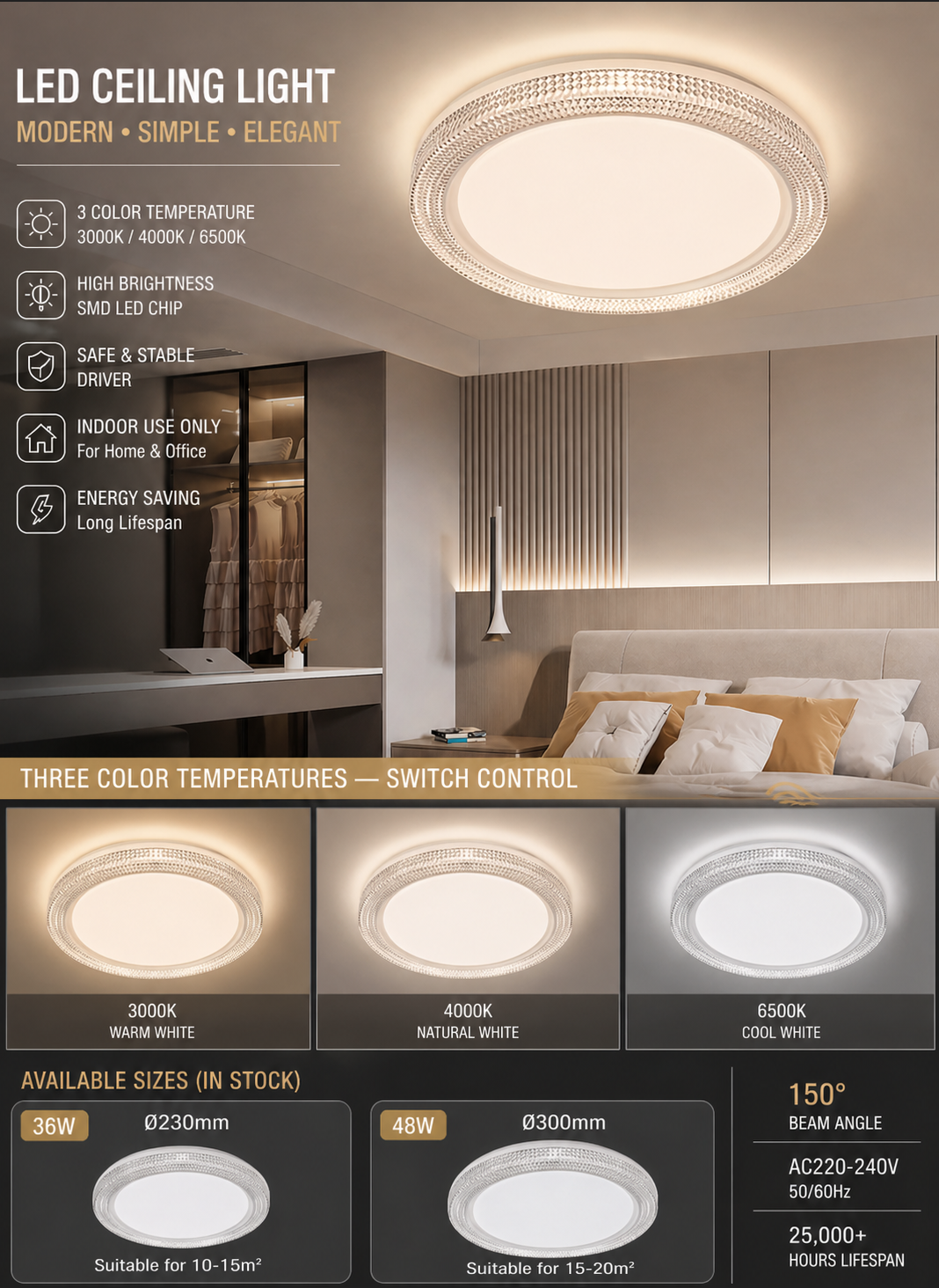 modern LED ceiling light with 3 color temperature switch control for bedroom and living room lighting in Kuwait homes