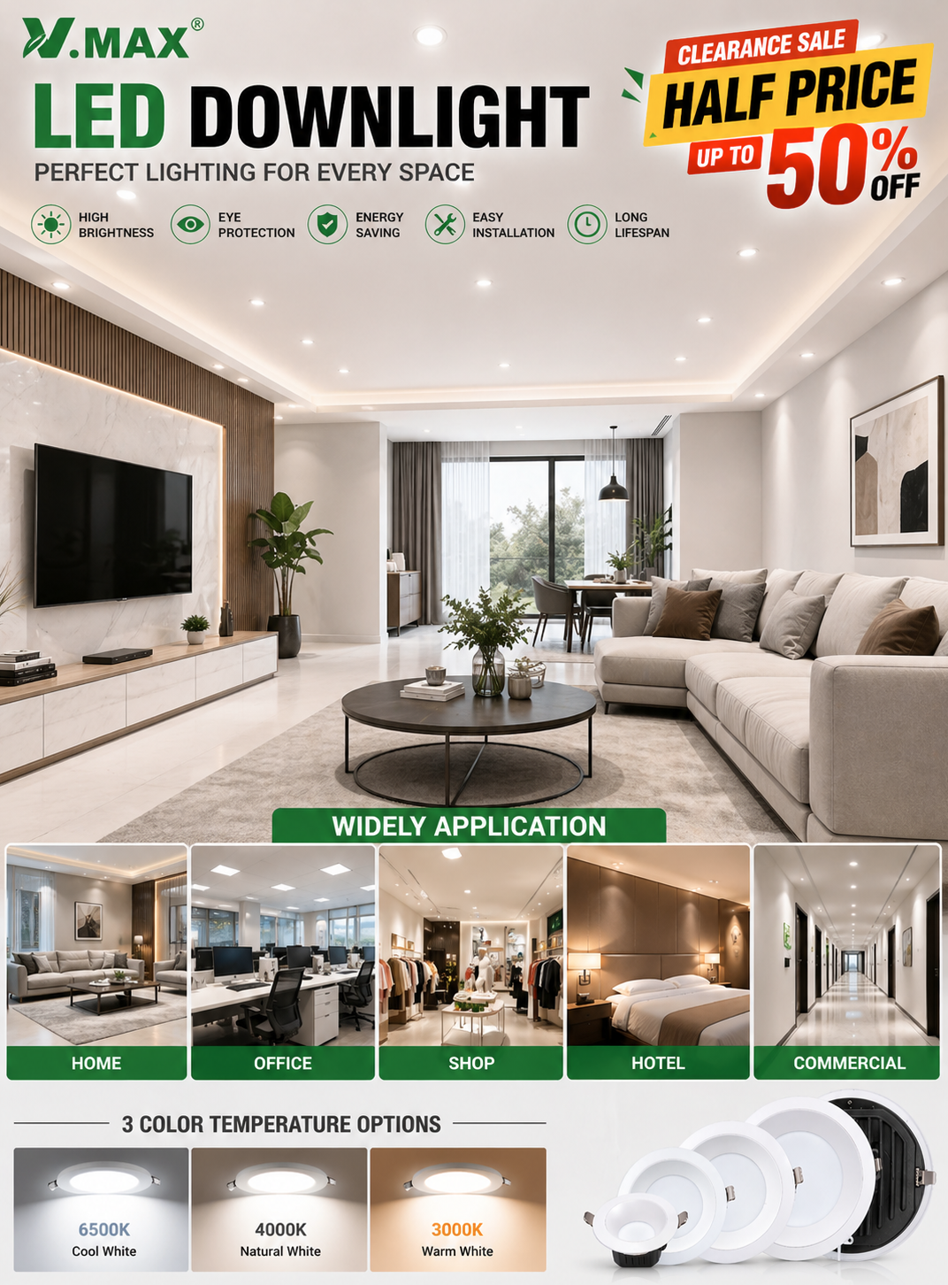 LED downlight installed in modern living room ceiling lighting application for home office and commercial spaces in Kuwait