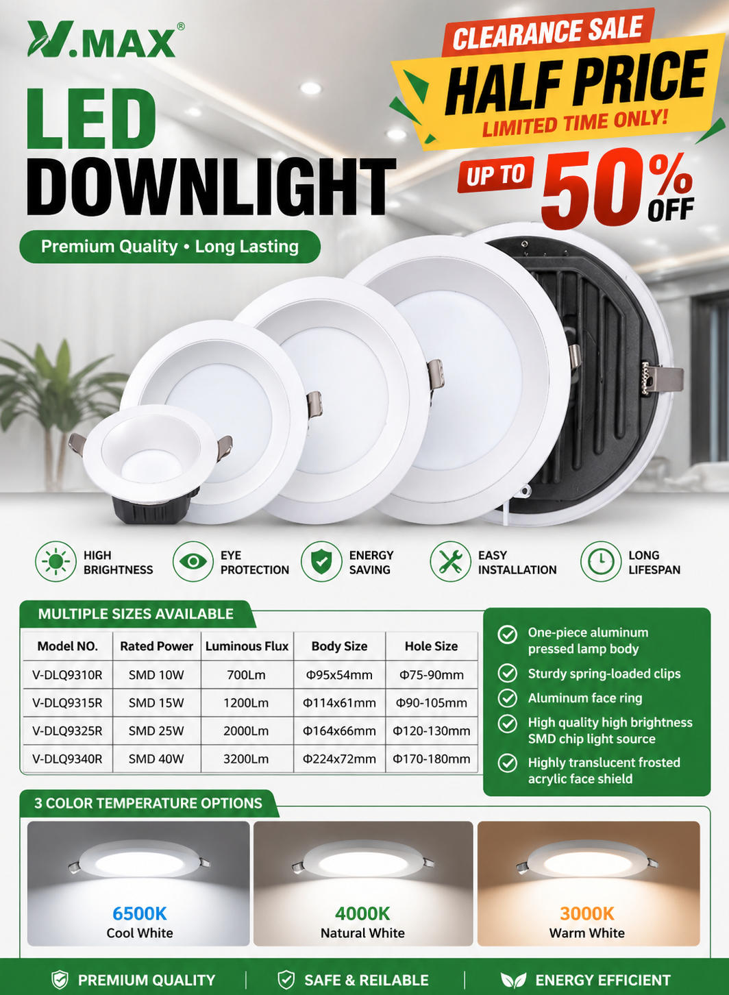LED downlight multiple sizes with 3000K 4000K 6500K color options high brightness recessed ceiling light clearance sale in Kuwait