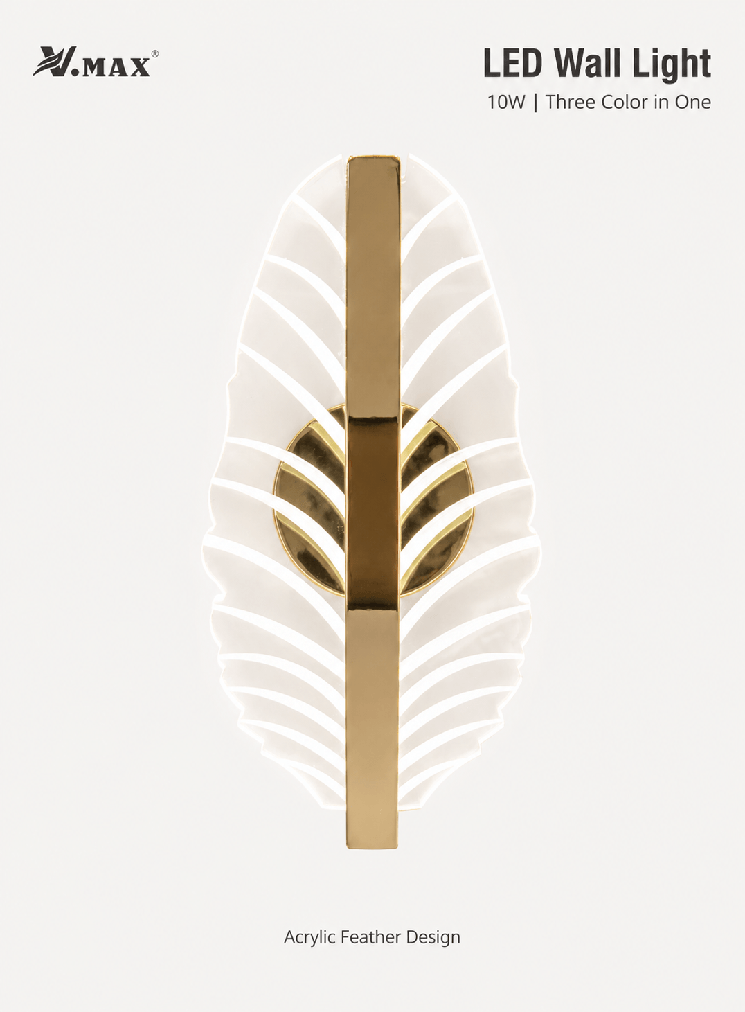 10W LED feather wall light with 3 color modes and acrylic gold design for indoor bedroom and hallway lighting
