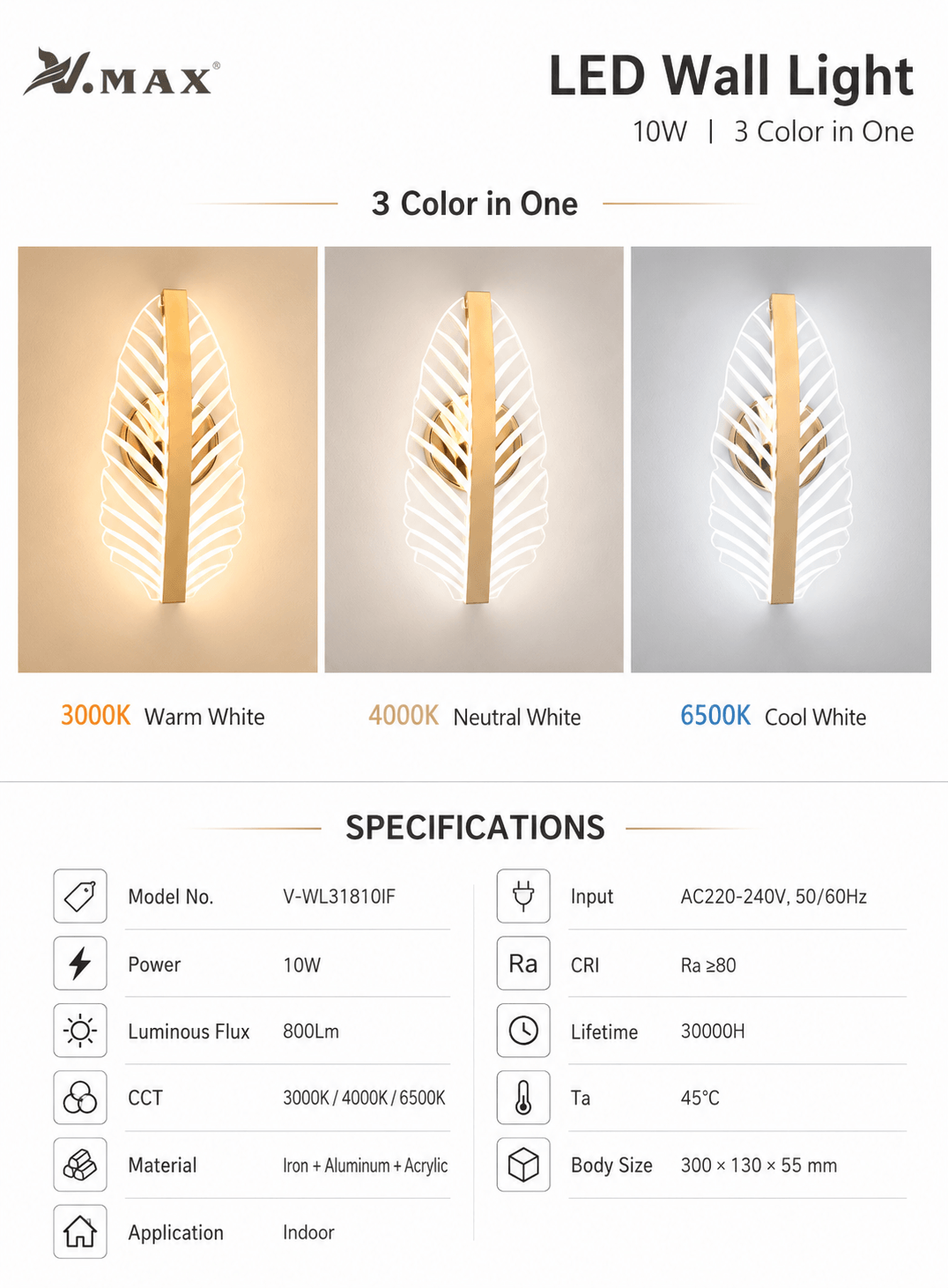 LED feather wall light with 3000K 4000K 6500K color options and product specifications for indoor use