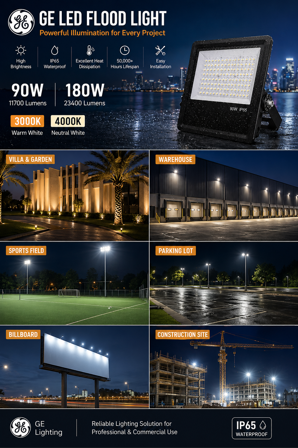 LED flood light applications in Kuwait including warehouse parking lot sports field and outdoor lighting