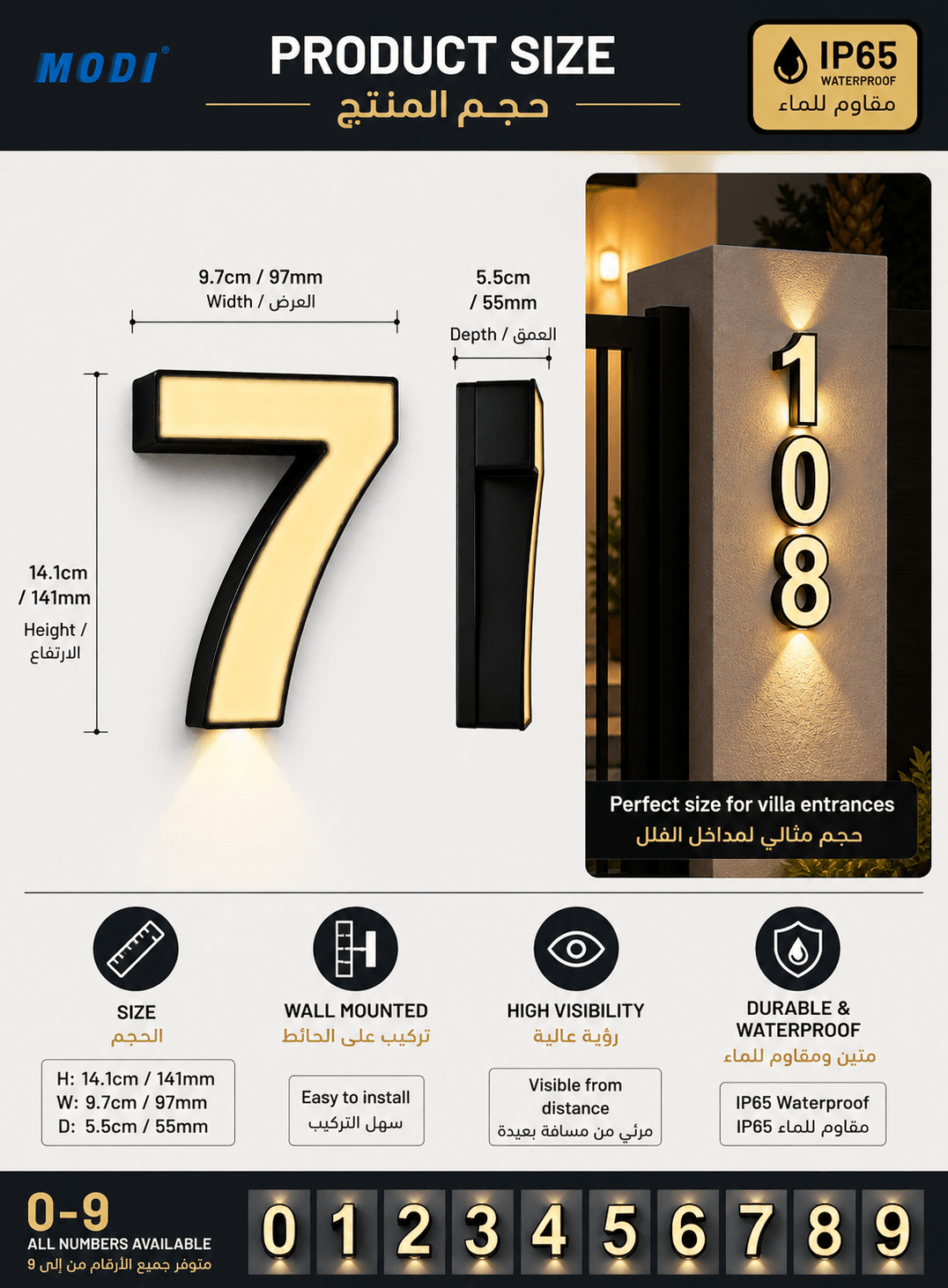 LED house number light dimensions 14.1cm height 9.7cm width 5.5cm depth suitable for villa entrance wall installation