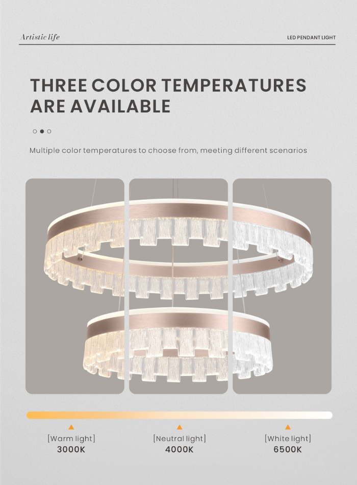 LED pendant light with three color modes — warm, neutral, and cool white — adjustable for different moods in living rooms and bedrooms.