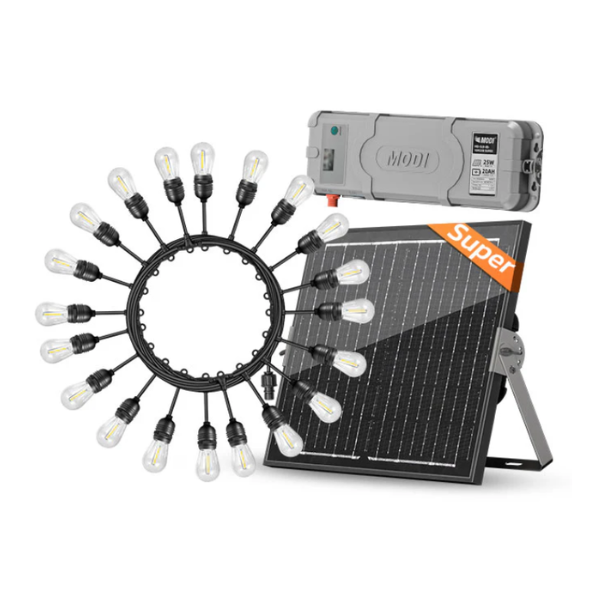 Waterproof solar festoon light set with 25 bulbs and solar charging system