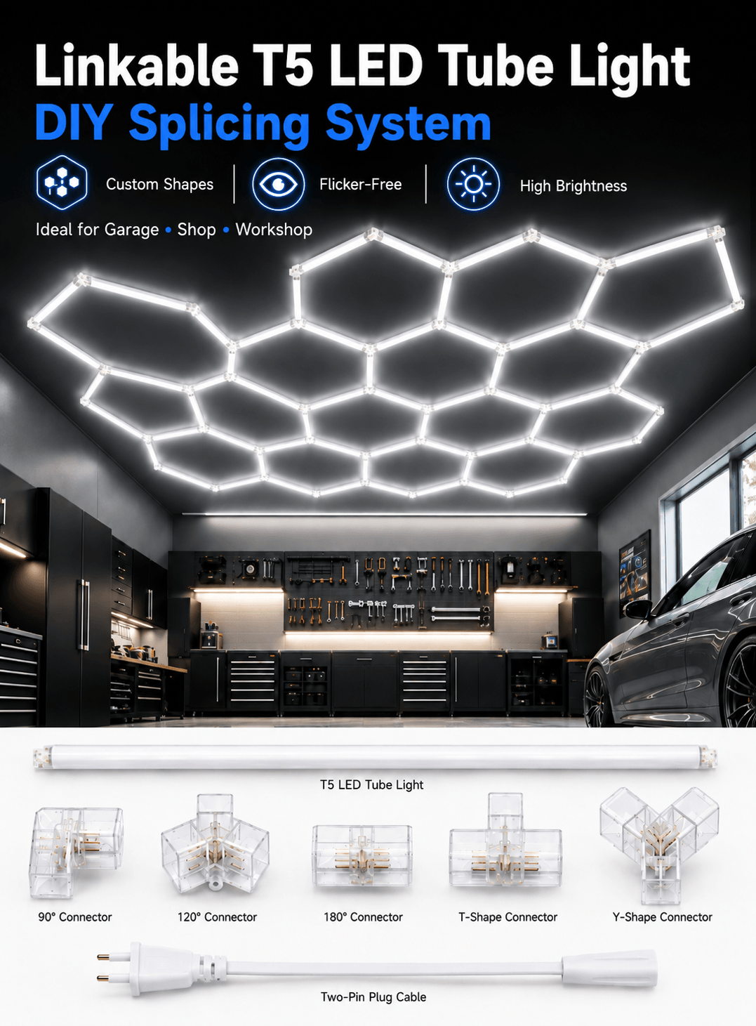 Linkable T5 LED tube light DIY splicing system with honeycomb design for garage, shop, and workshop lighting in Kuwait