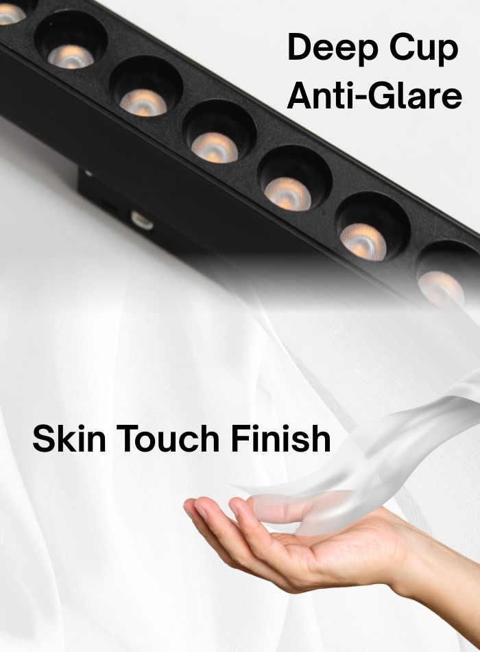 Magnetic spot light with anti-glare deep cup and skin-touch housing for eye-friendly and premium look