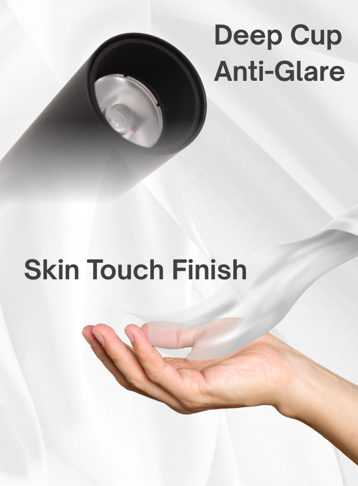 Magnetic track spotlight with soft-touch housing and deep cup anti-glare design for comfortable lighting