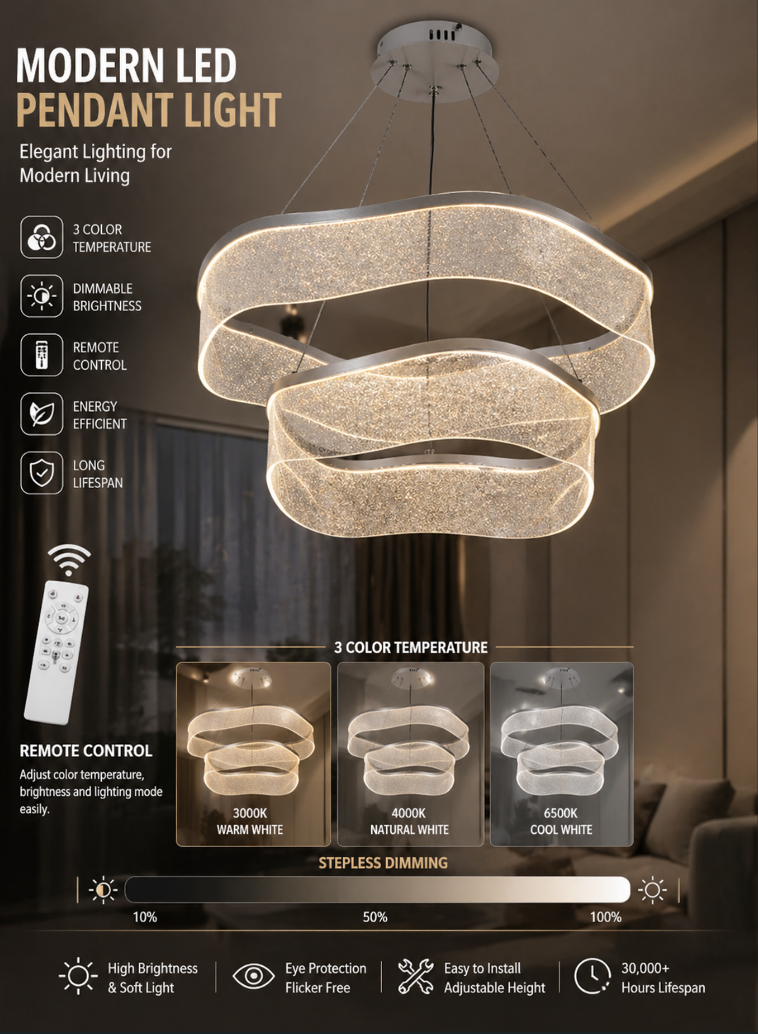 modern LED pendant light with remote control and dimmable brightness, 3 color temperature chandelier for Kuwait homes