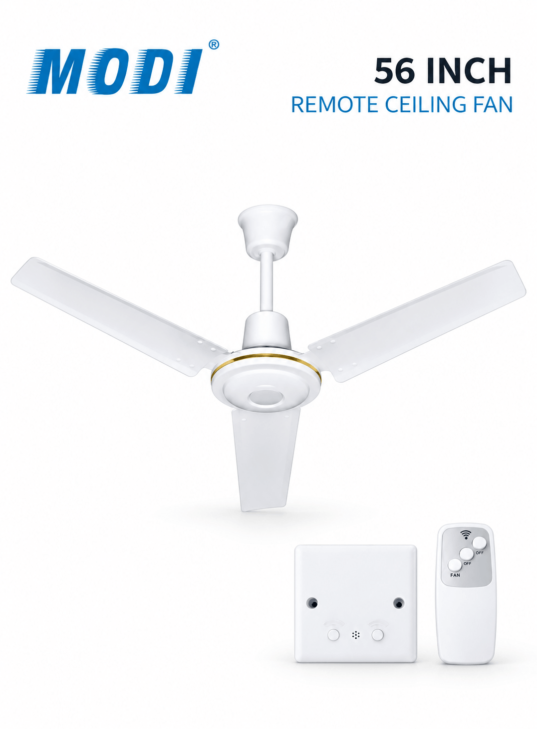 White 56-inch ceiling fan with three blades, shown with its remote control and wall switch on a clean white background. The image includes the blue 'MODI' brand logo and text reading '56 INCH REMOTE CEILING FAN'.