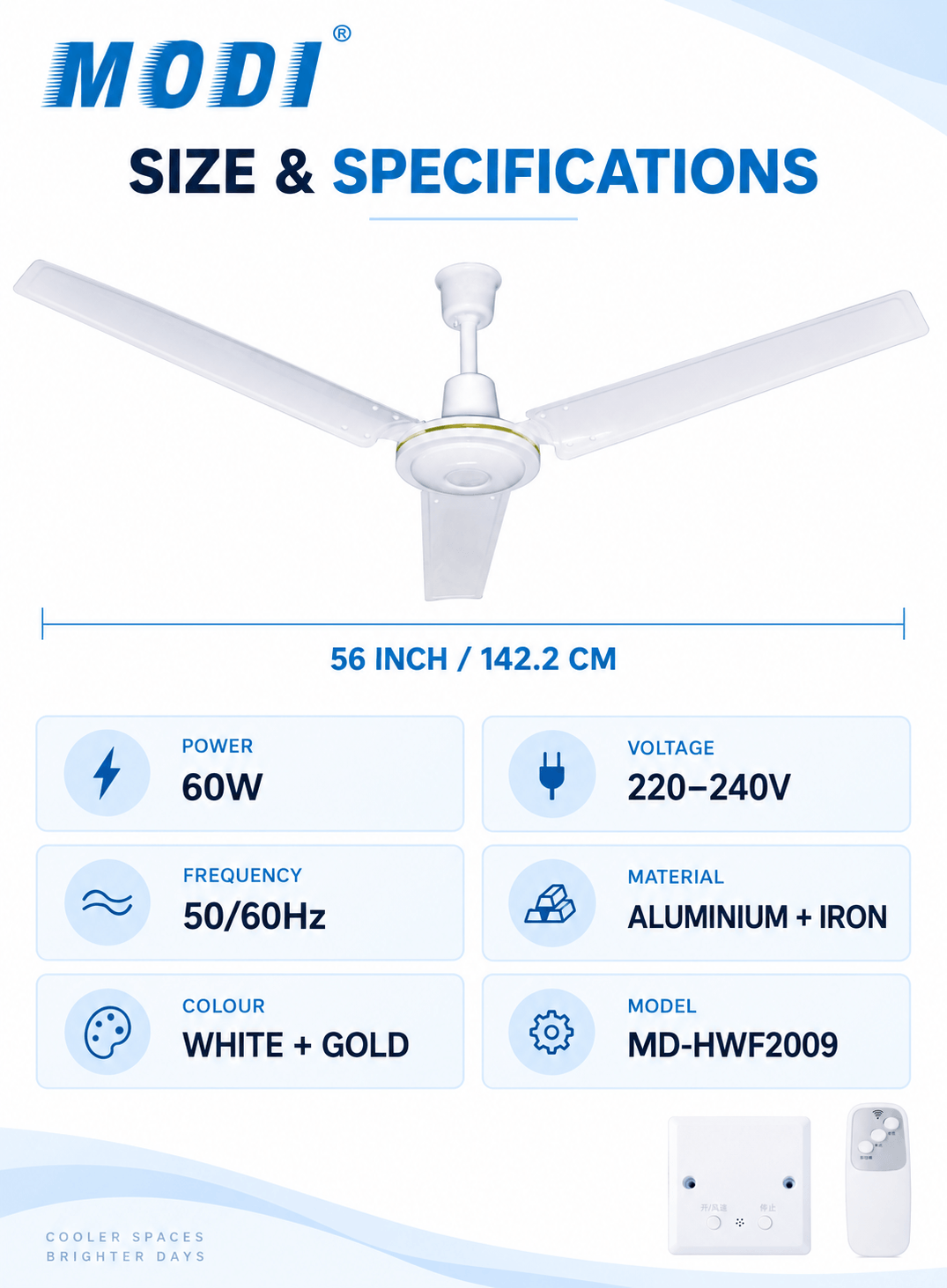 A product specification and size chart for a white and gold MODI ceiling fan. The graphic shows a diagram of the fan with a dimension label of 56 inches (142.