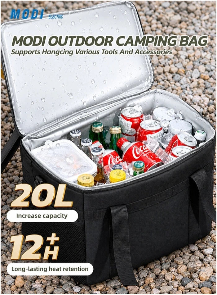 Open MODI 20L cooler bag with insulated lining and drinks
