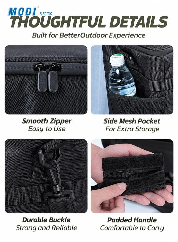 Twin zipper pulls, side mesh pocket, strap buckle and padded handle details