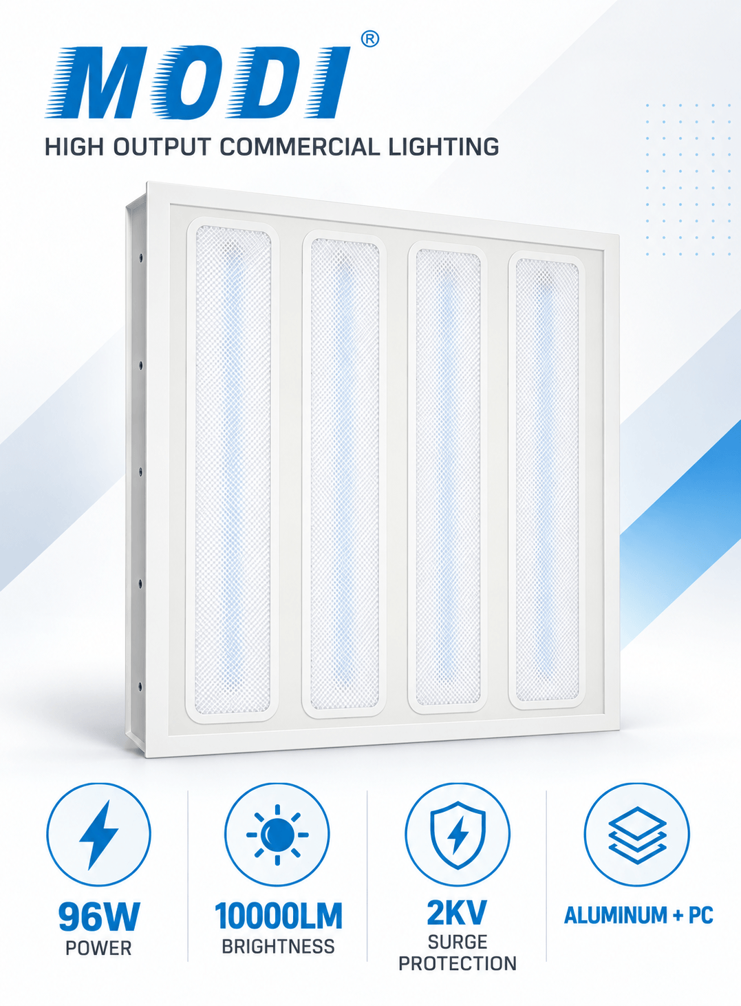 A white rectangular commercial lighting filter panel with four vertical sections, shown on a light blue and white graphic background. The brand name MODI is displayed at the top, and feature icons and text at the bottom highlight 96W power, 10000LM brightness, 2KV surge protection, and aluminum + PC construction.