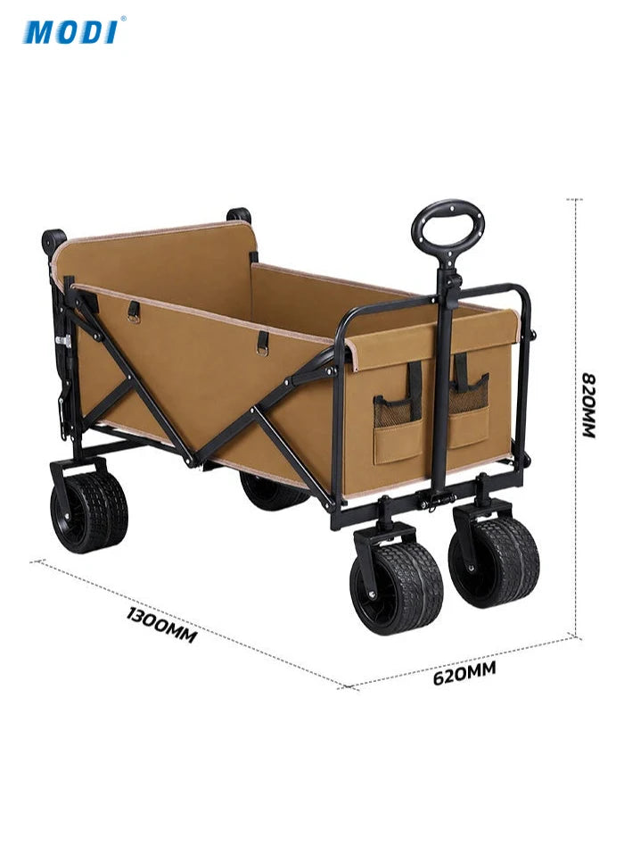 Brown and black folding wagon with 130 × 62 × 82 cm dimension labels