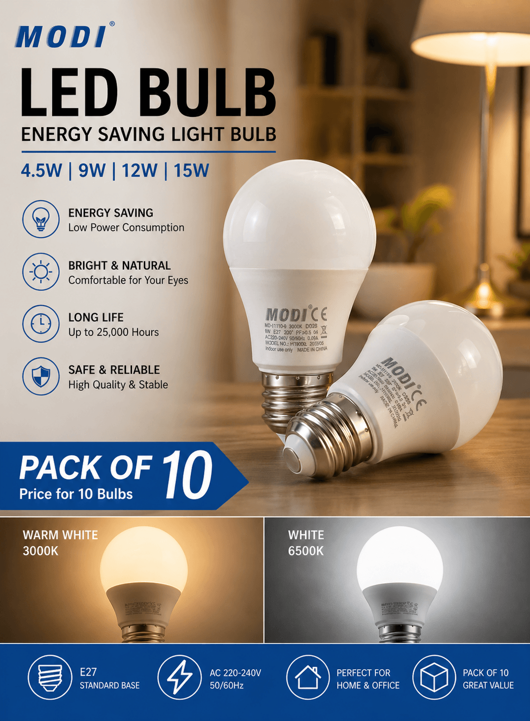 LED bulb Kuwait pack of 10 energy saving light bulbs white and warm light E27 home lighting MODI brand