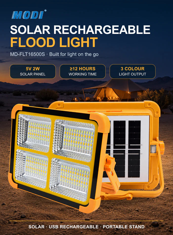 MODI MD-FLT16500S solar rechargeable flood light with rear solar panel in a Kuwait desert camping scene