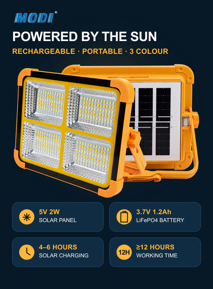 MODI MD-FLT16500S rechargeable flood light front and rear views with solar panel battery and working time features