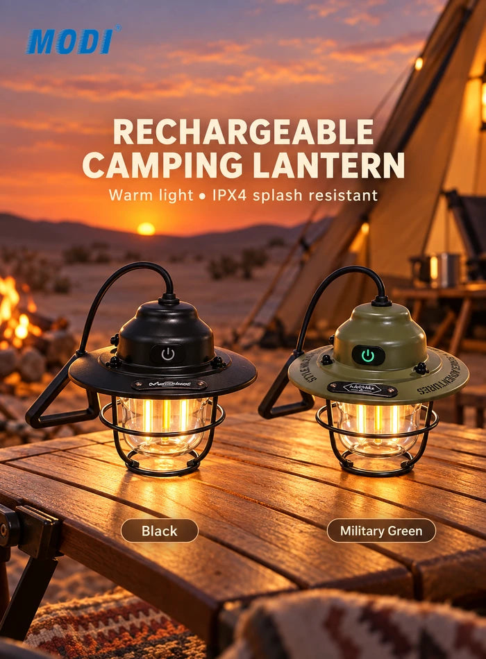 MODI rechargeable retro LED camping lantern in Black and Military Green at a desert campsite