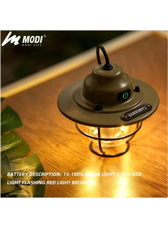 Military Green camping lantern illuminated with battery indicator on its power button