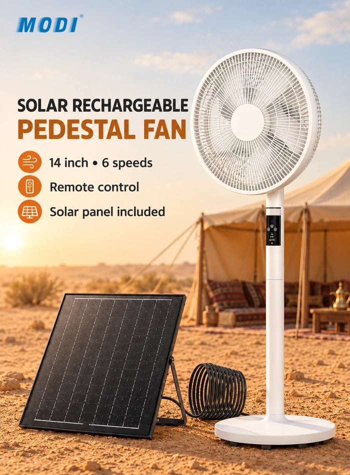 MODI solar rechargeable pedestal fan with solar panel at a desert camping setup