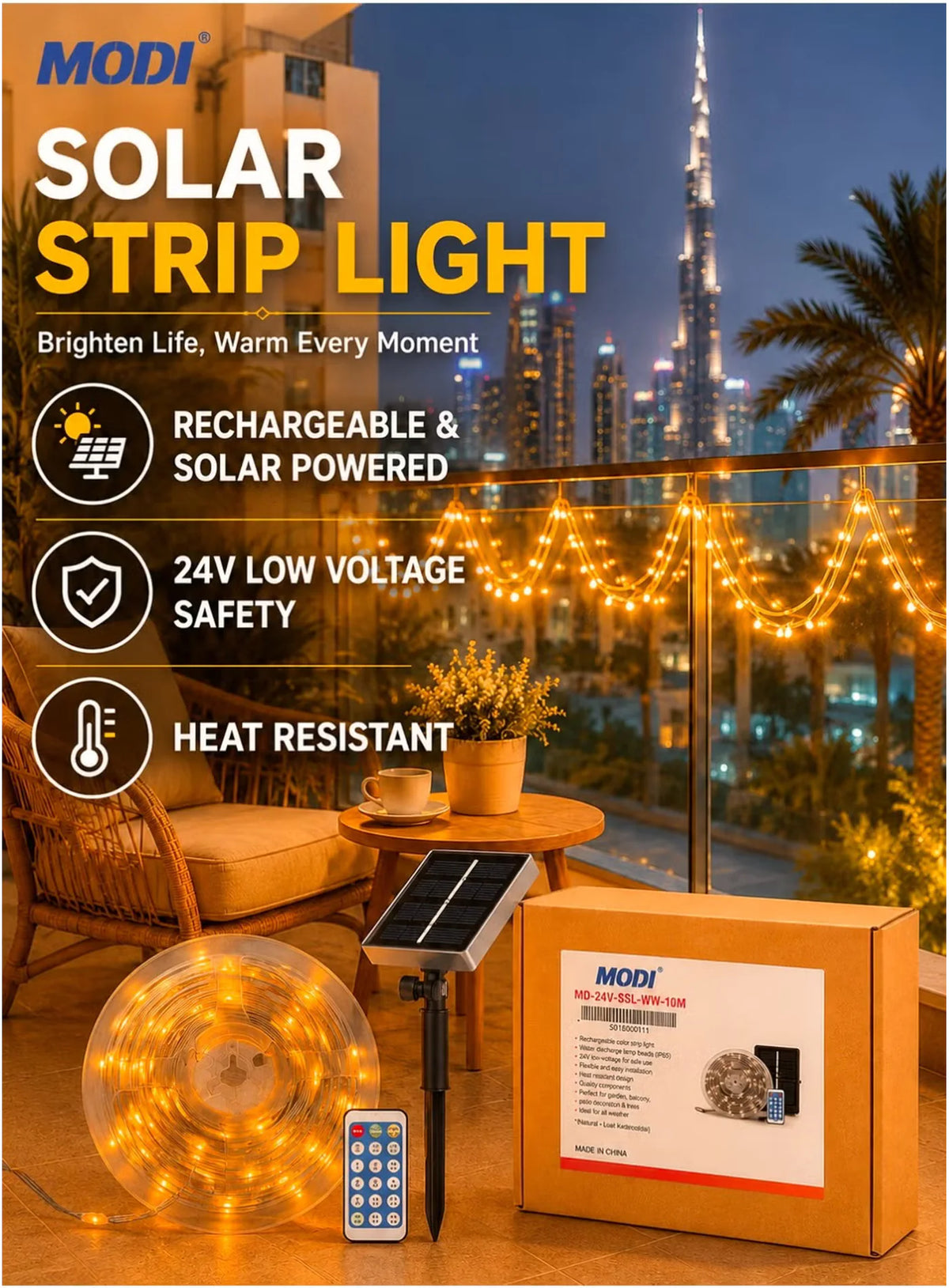MODI solar LED string lights with solar panel, remote control and USB charging cable