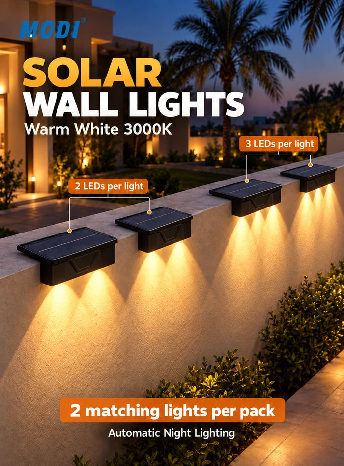 Solar wall lights installed flat on a wall top with two-LED and three-LED warm white downward beams; two matching lights per pack