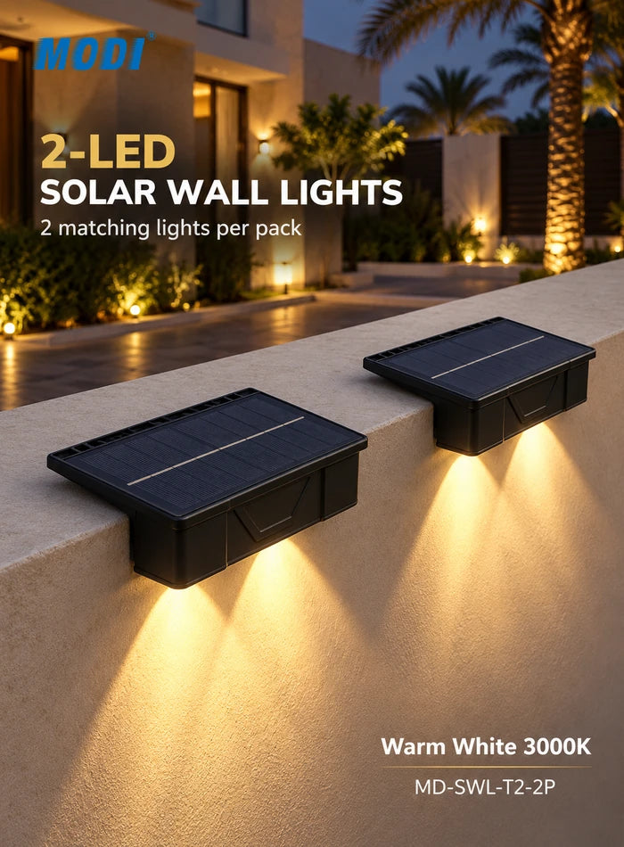 Two matching two-LED solar wall lights mounted on a wall top, each casting two warm white downward beams