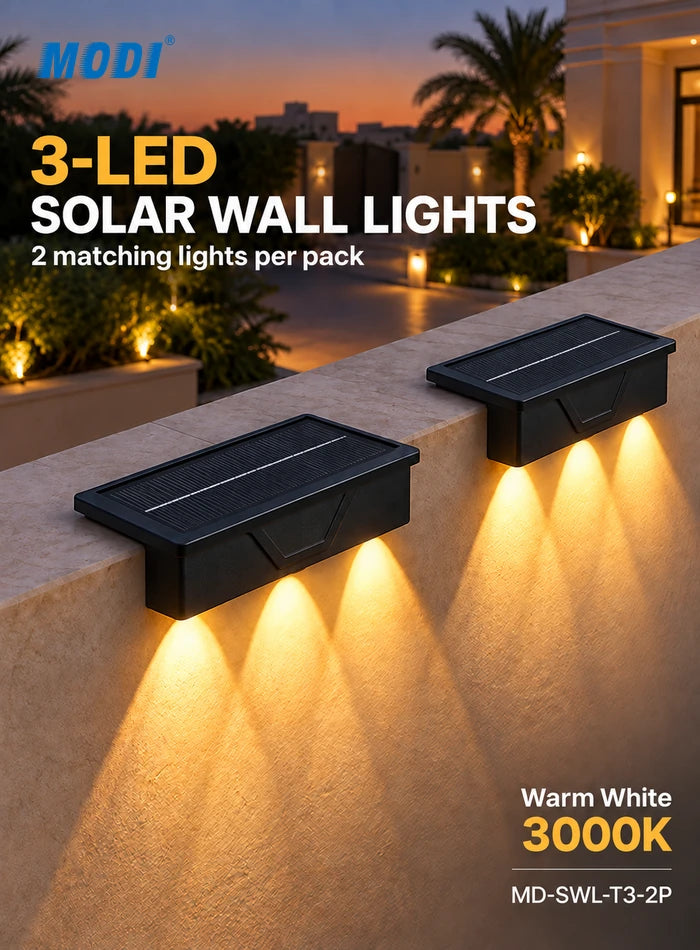Two matching three-LED solar wall lights mounted on a wall top, each casting three warm white downward beams