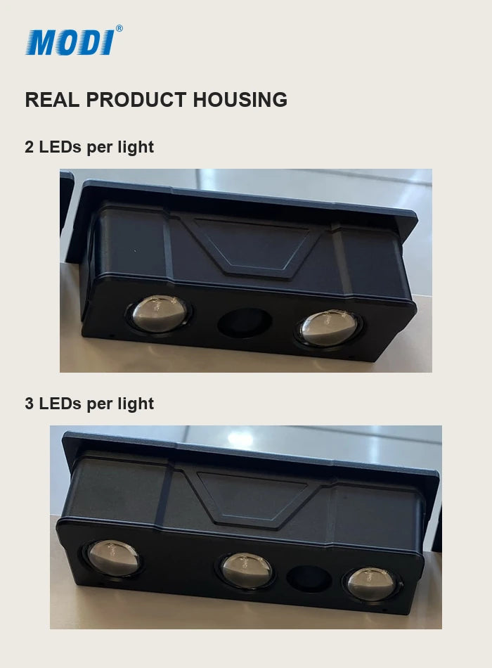 Original front and underside photographs comparing the molded housings of the two-LED and three-LED wall lights