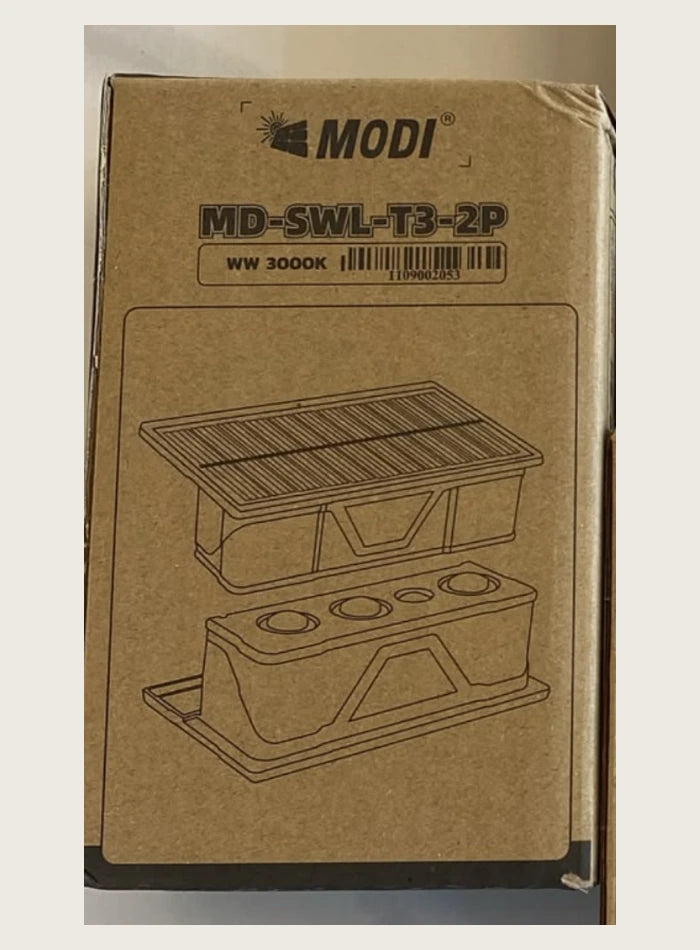Original MODI MD-SWL-T3-2P packaging showing the three-LED model and warm white 3000K