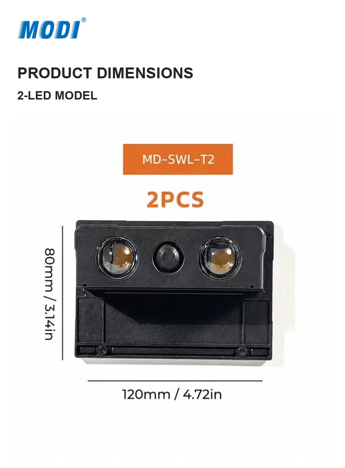 Source dimension drawing of the two-LED solar wall light: 120 mm by 80 mm
