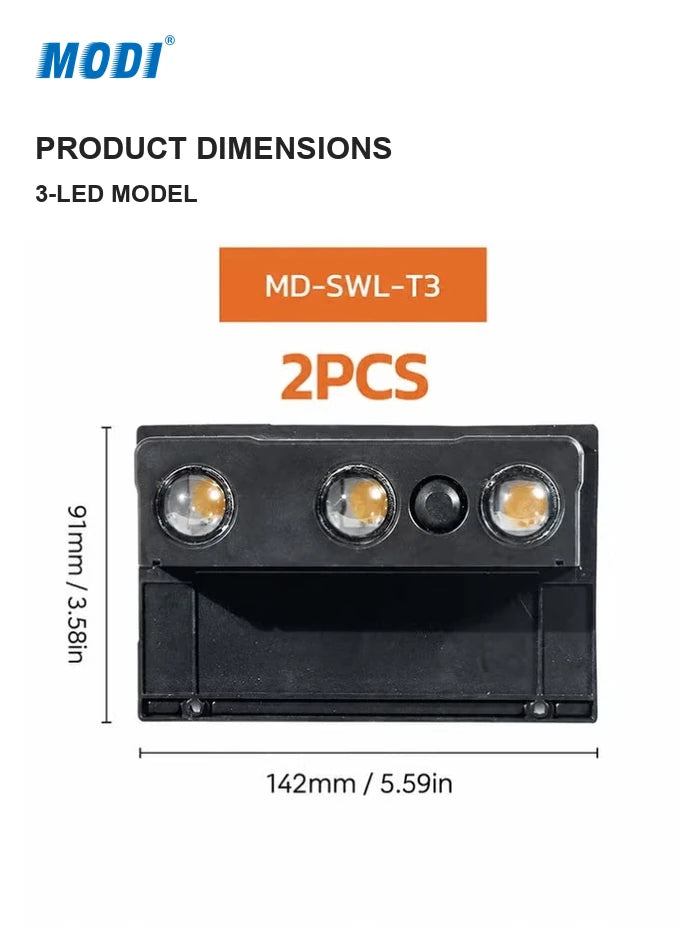 Source dimension drawing of the three-LED solar wall light: 142 mm by 91 mm
