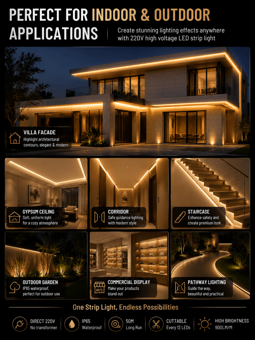 Outdoor and indoor applications of premium 220V waterproof silicone LED strip lighting