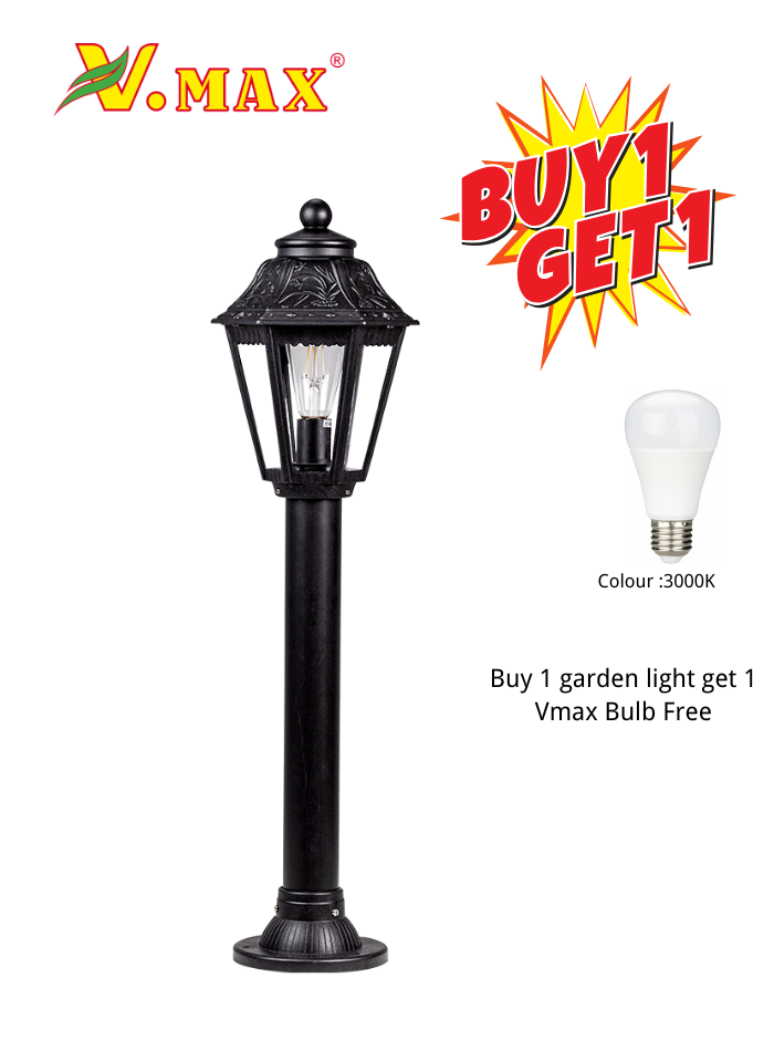  Outdoor waterproof European-style garden lamp with black finish, E27 bulb socket, ideal for villa gardens, pathways, and parks. 