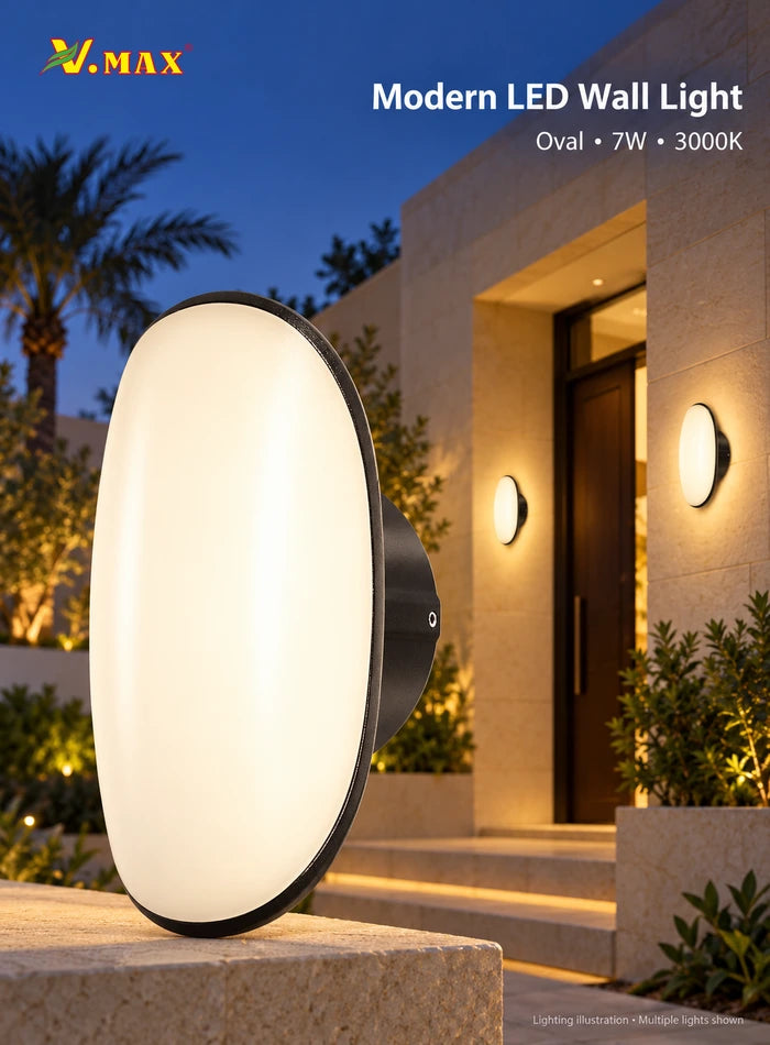 Oval 7W LED outdoor wall light with a warm white diffuser, shown at a villa entrance