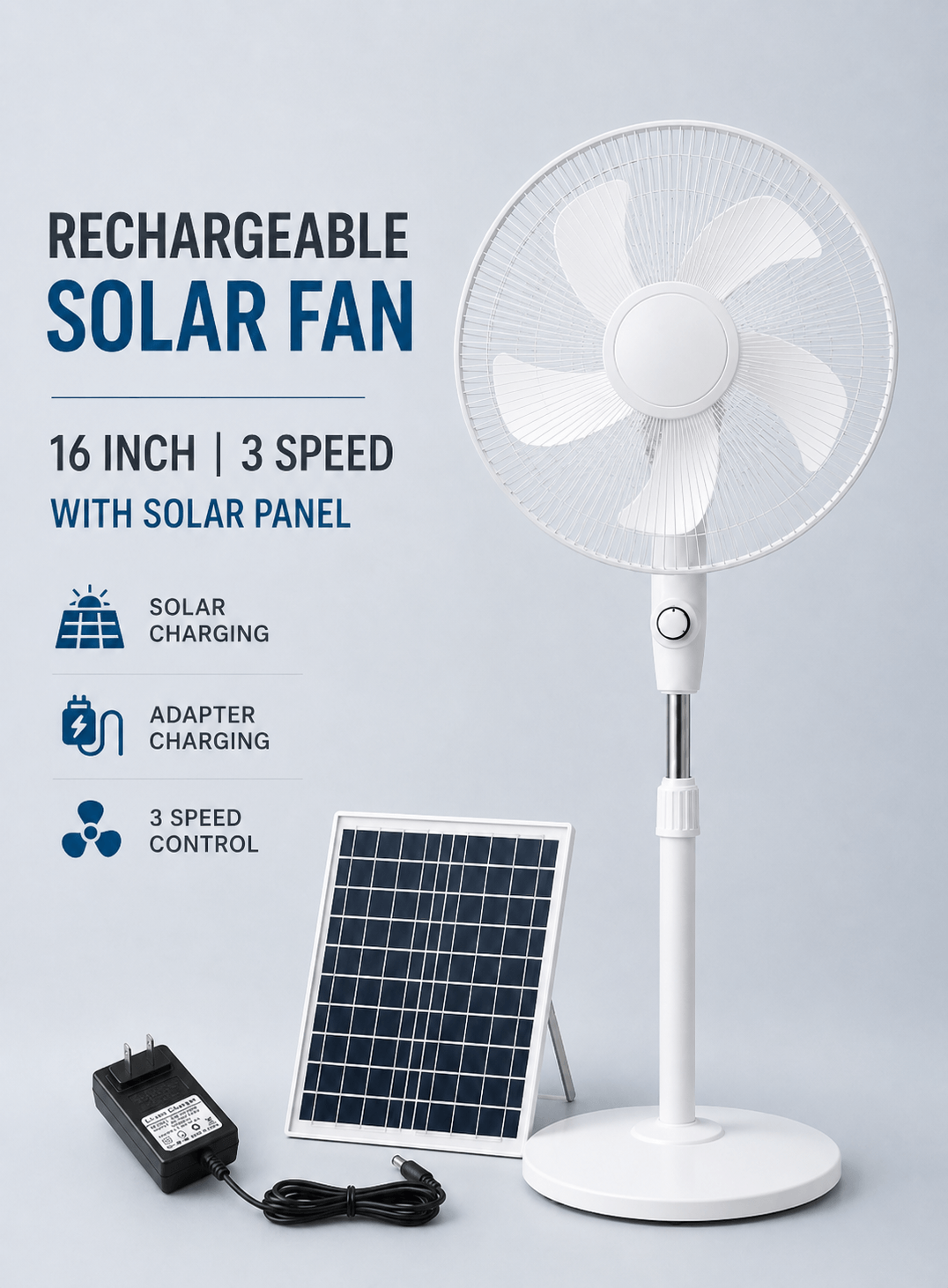 Rechargeable solar fan 16 inch with solar panel and adapter charger for home outdoor and patio use in Kuwait