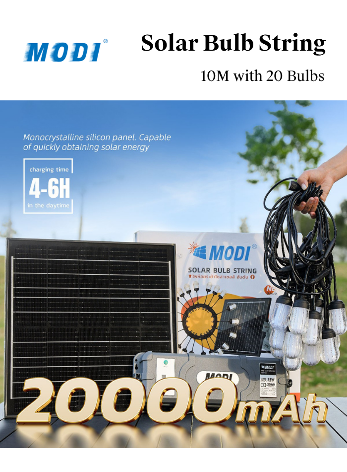 Solar bulb string lights with 20 bulbs and 10m length, powered by 20000mAh battery and solar panel for outdoor lighting