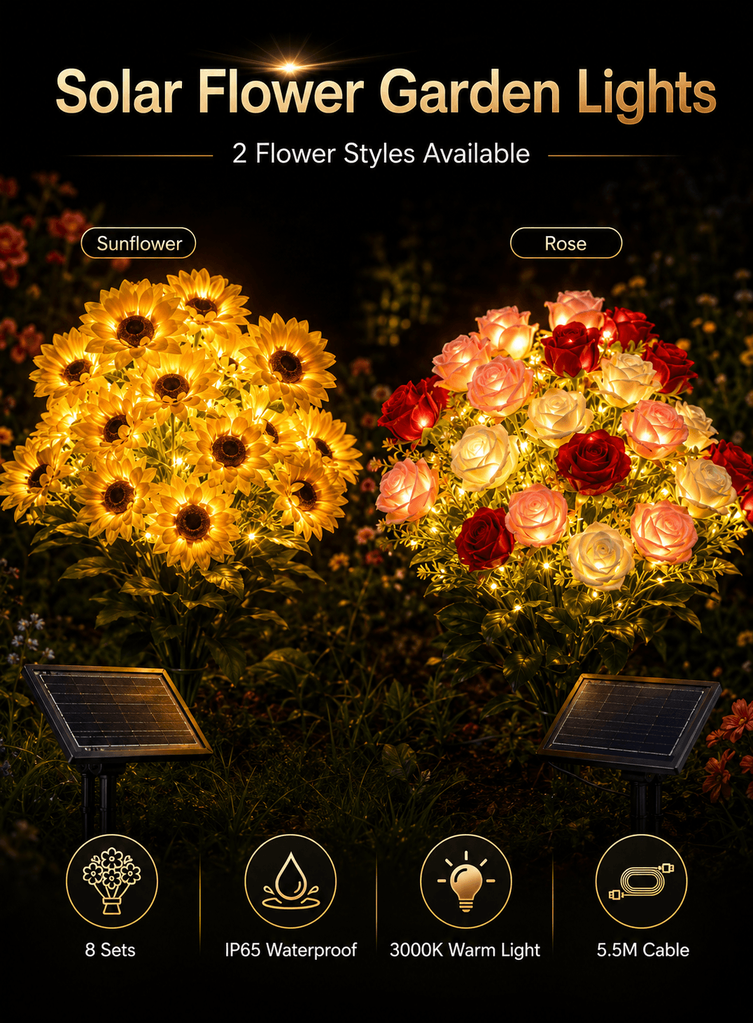 Solar flower garden lights 8 set with sunflower and rose styles, IP65 waterproof outdoor decorative warm 3000K lights for Kuwait gardens.