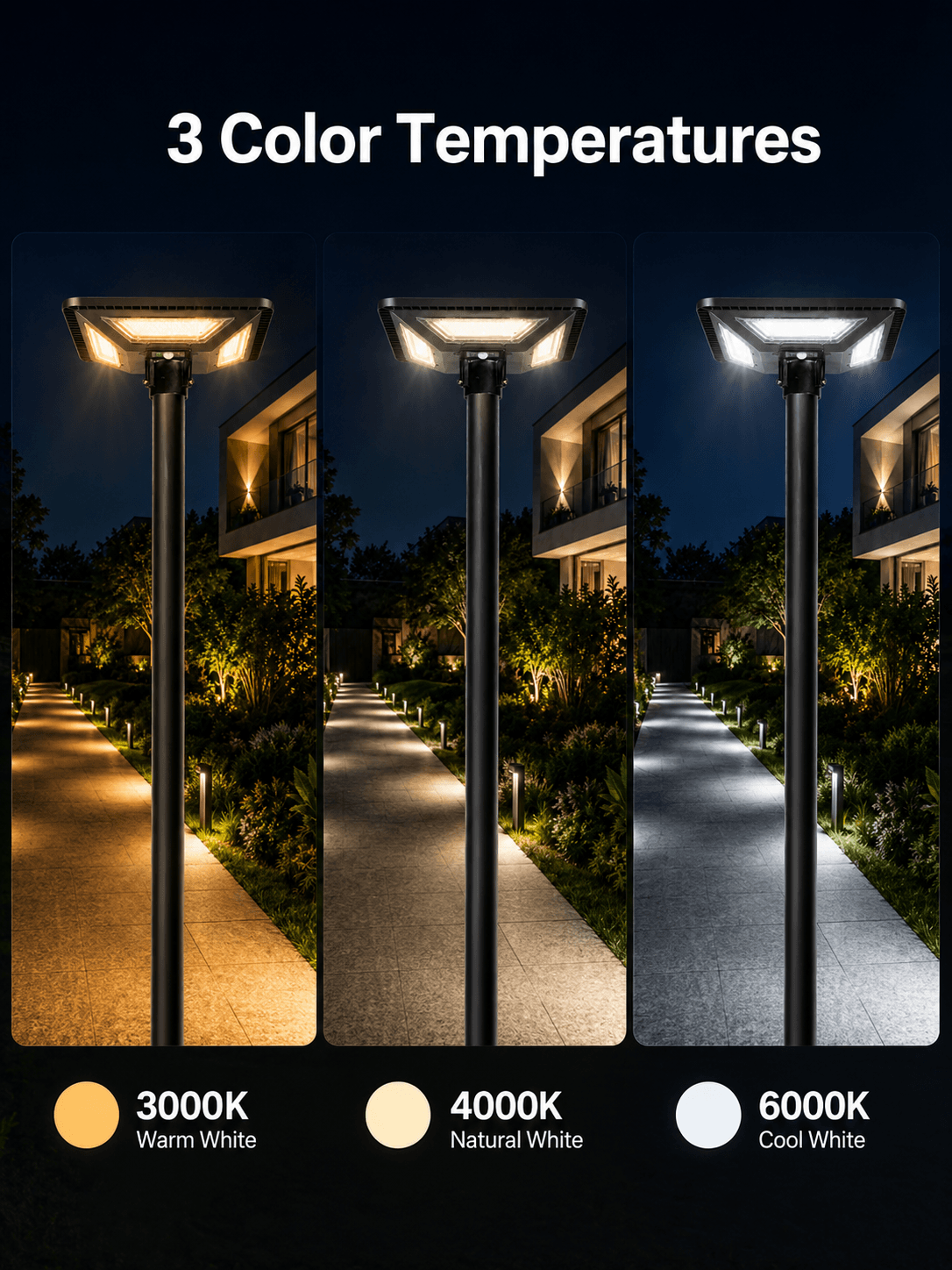 Solar garden light with 3 color temperatures, 3000K warm white, 4000K natural white and 6000K cool white for outdoor garden lighting in Kuwait