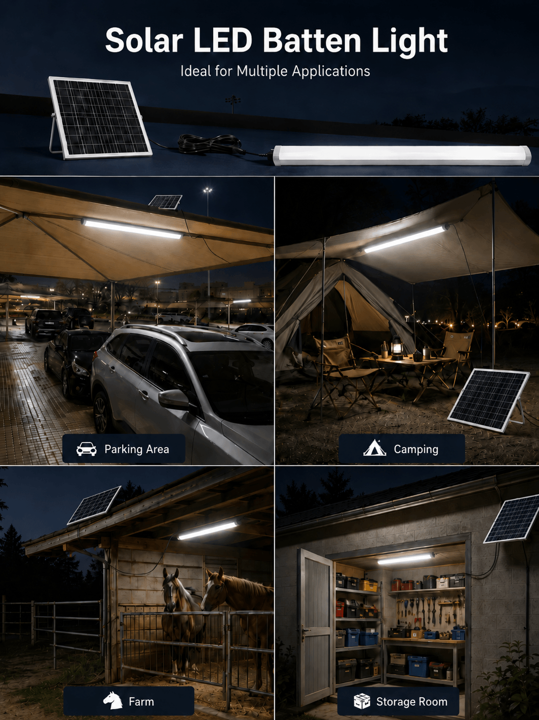 Solar LED batten light application scene for parking area, camping, farm and storage room with solar panel