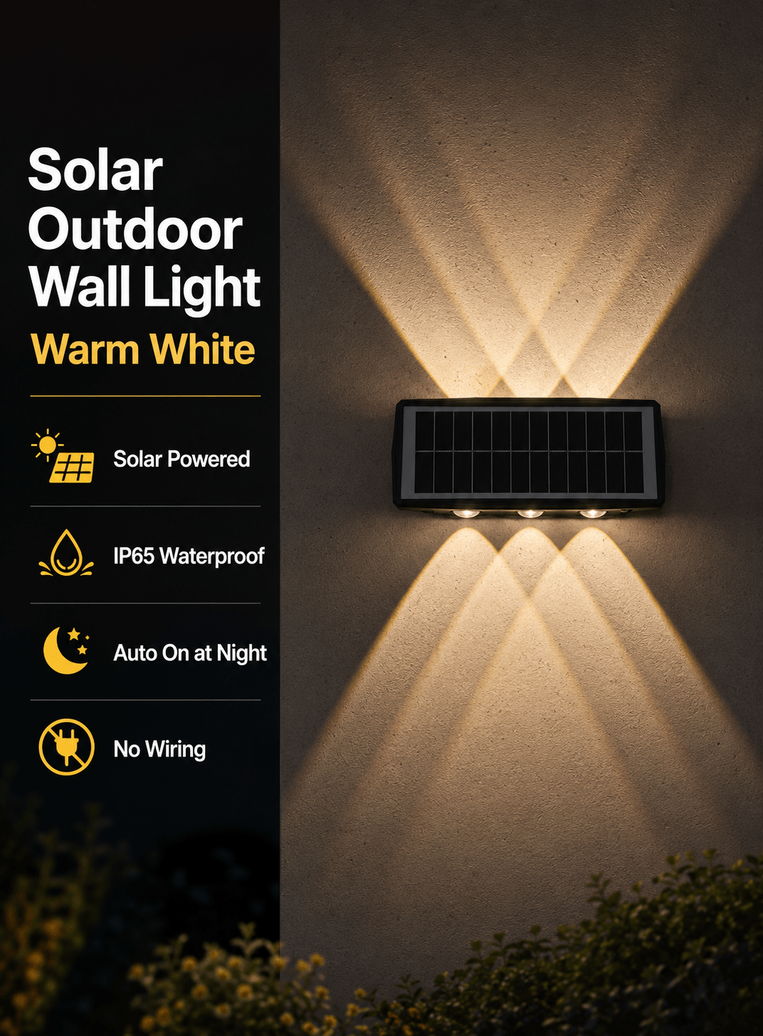 Solar outdoor wall light 3000K warm white with IP65 waterproof design, solar powered, auto on at night and no wiring for garden wall lighting in Kuwait
